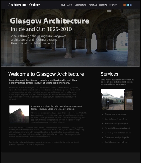 A sample of our affordable website package with a website for Glasgow Architecture, showing the kind of information and layout that is possible for an attractive and affordable web design.